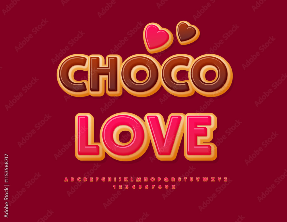 Vector Sweet card Choco Love. Delicious Donut Font. Cake style Alphabet Letters and Numbers set. Vector Sweet card Choco Love. Delicious Donut Font. Cake style Alphabet Letters and Numbers set.