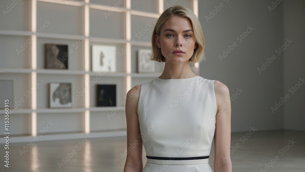 Minimalist Portrait of a Woman in White Dress in Modern Interior Minimalist Portrait of a Woman in White Dress in Modern Interior