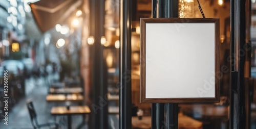 A square wooden sign mockup hanging on the glass door of an outdoor cafe, with an urban street view in the background. The blank white board is framed by dark wood and has rounded corners.  photo