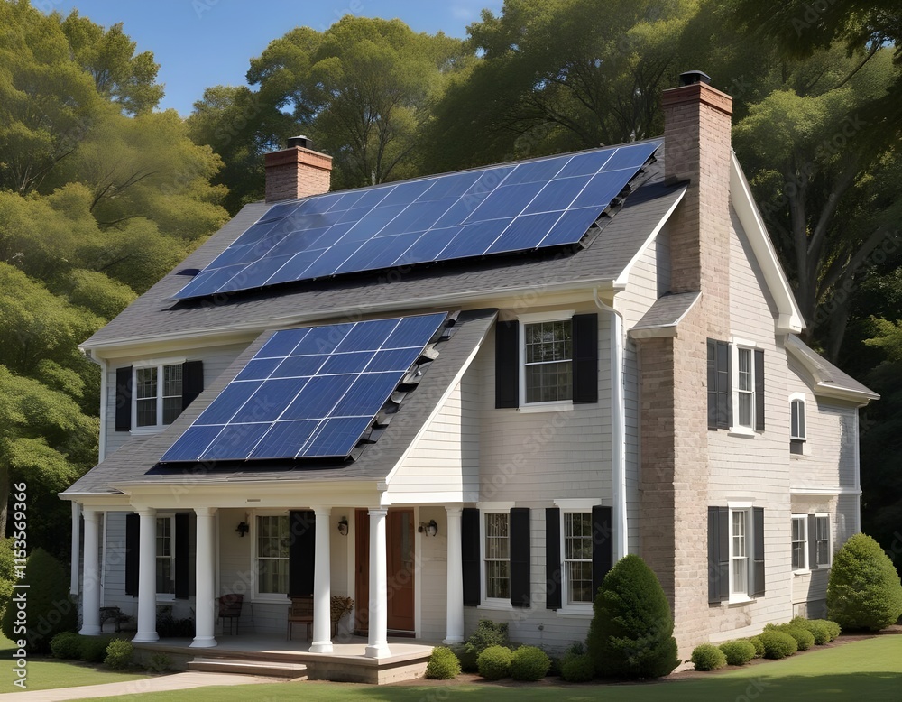 A traditional colonial home with a large solar panel array installed on the roof A traditional colonial home with a large solar panel array installed on the roof