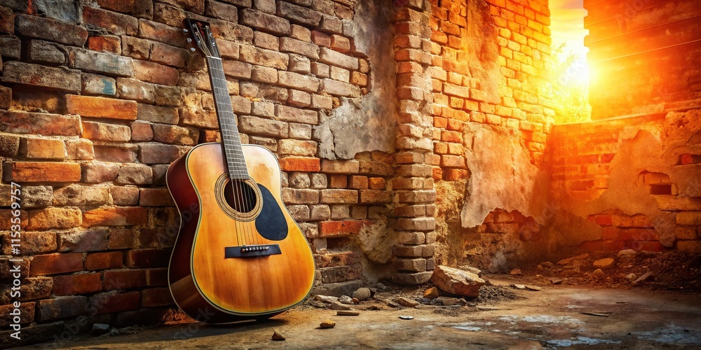Panoramic View of Acoustic Guitar Leaning Against Weathered Brick Wall