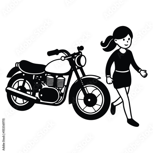 a Bonneville T100, and a cute young girl running the car, vector illustration clipart, isolated white background,