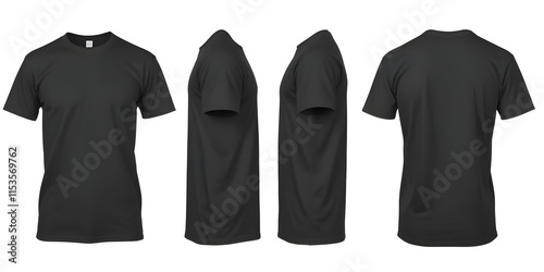A black t-shirt from multiple angles, showing the front, back, and side views