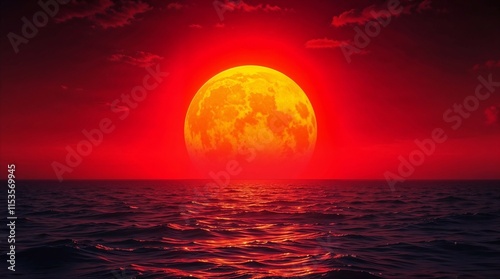 Red Moon in the red sky over the ocean 