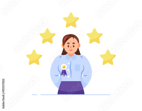 best worker concept. get award and appreciation. achievement and performance. happy people. illustration of a woman getting a medal for being the best monthly employee. flat style design. elements