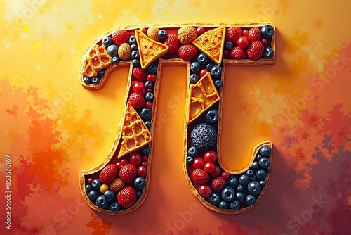 Edible pi symbol made of fruits and desserts, vibrant colors, orange background, creative food art design, focus on geometric shapes within the symbol for a Pi Day theme photo