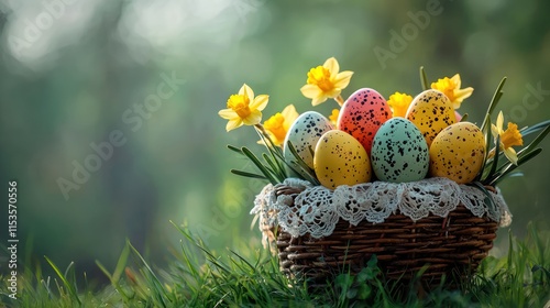 A basket filled with colorful Easter eggs, adorned with lace ribbons and fresh daffodils. photo