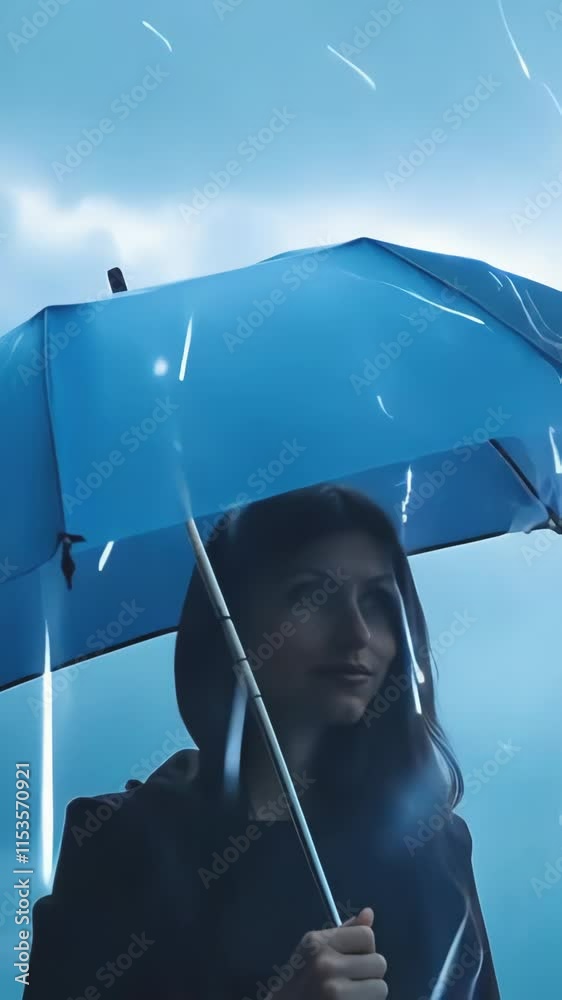 Woman holding a blue umbrella in the rain with serene and pensive emotion. The calm rainy scene creates a moody and reflective atmosphere.