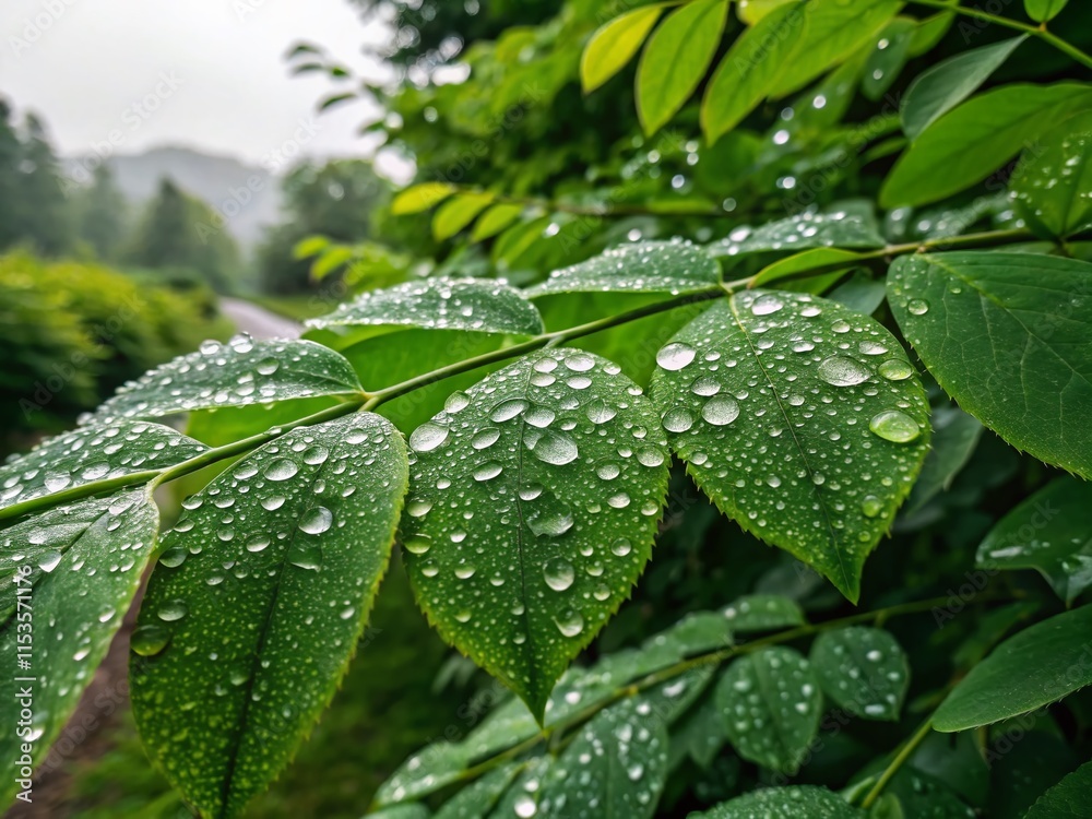 Panoramic View of Raindrops on Lush Green Leaves - Nature Background Stock Photo Panoramic View of Raindrops on Lush Green Leaves - Nature Background Stock Photo