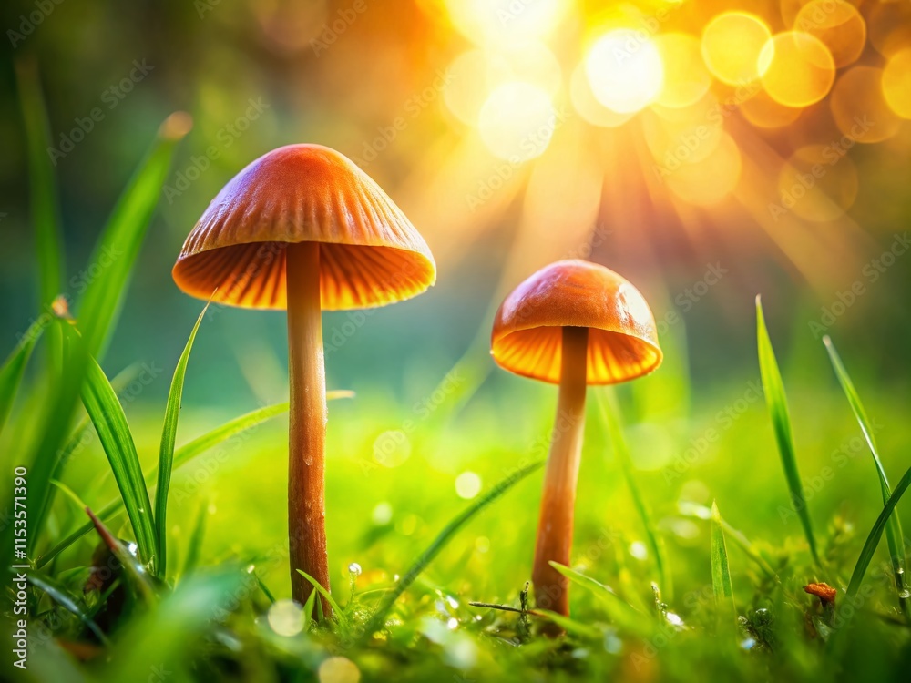 Panoramic View of Two Mushrooms Growing in Lush Green Grass Panoramic View of Two Mushrooms Growing in Lush Green Grass