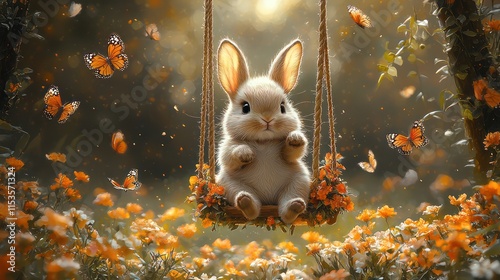 A bunny swinging on a flower-adorned swing, surrounded by fluttering butterflies.