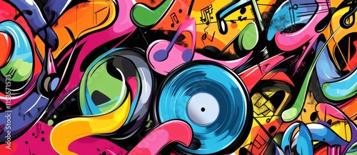 A vibrant and colorful graffiti-style background with musical notes, vinyl records, and other elements representing the music industry. 