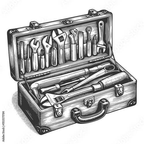 open toolbox, displaying a range of mechanical tools in a striking black and white style sketch engraving generative ai vector illustration. Scratch board imitation. Black and white image.