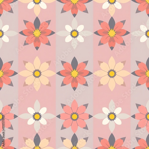 Wallpaper Mural Pastel Floral Delight: A charming seamless pattern featuring delicate peach and white flowers on a soft pink and grey striped background. Perfect for textile prints, wallpapers, and more.  Torontodigital.ca