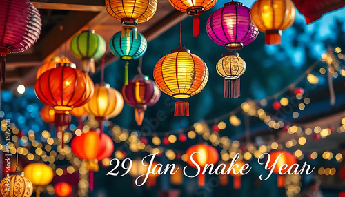 Colorful paper lanterns hanging in a festive setting, with a blurred background of lights and decorations concept 29 Jan Snake Year, Chinese New Year 2025, banner, poster, created with generative ai photo