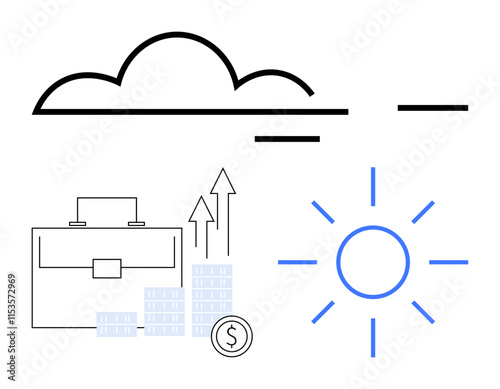 Business briefcase, rising bar charts, and coin representing growth and success. Sun and cloud symbolizing opportunities and challenges. Ideal for finance, success, investment, economic trends
