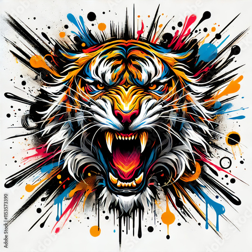 Fierce Roaring Tiger with Dynamic Vibrant Abstract Paint Splashes in Modern Artistic Design photo