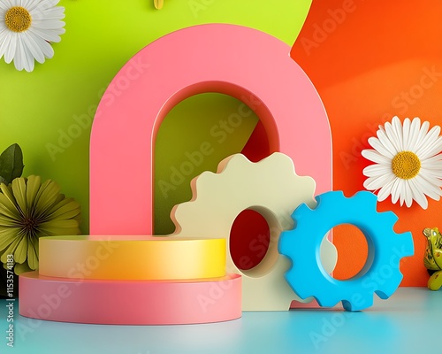 Colorful 3D render of geometric shapes, flowers, and gears on a pastel background. photo