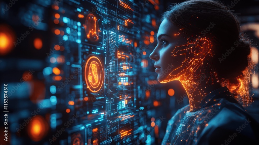 Fototapeta premium Futuristic Profile of a Young Woman Surrounded by Digital Data, Connecting Technology and Humanity in a Dynamic Virtual Environment