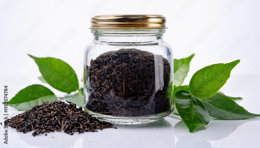 Dry back tea in jar and green leaves on white background. Organic and tasty beverage. Herbal drink.