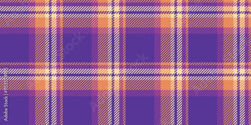 Picnic check textile fabric, suit tartan texture background. Editable seamless plaid pattern vector in violet and orange colors.
