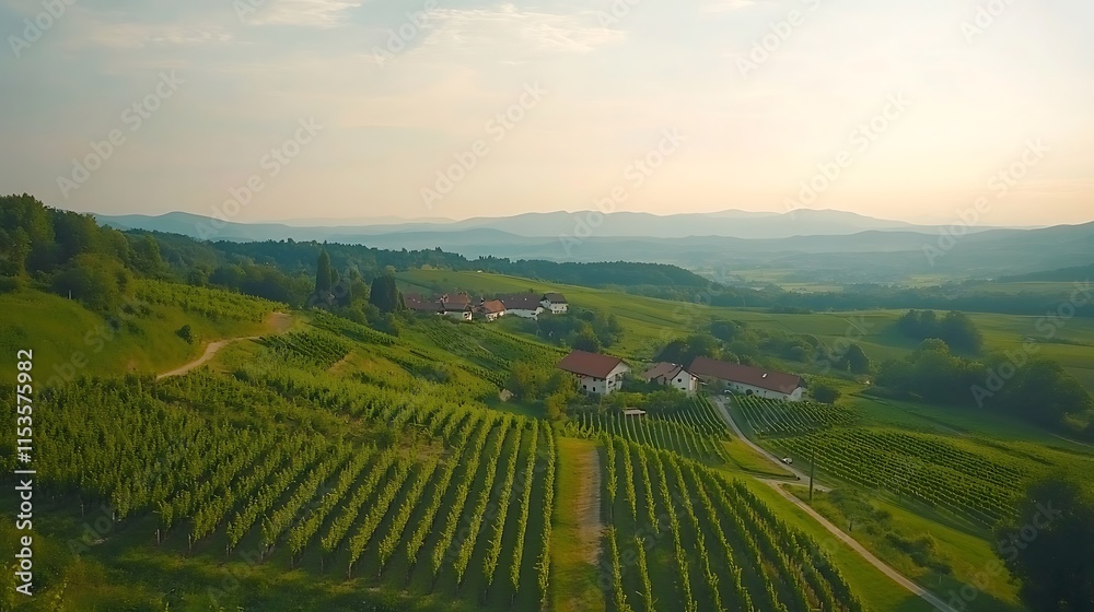 Naklejka premium Serene Vineyard Landscape Photo: Rolling Hills at Sunset. AI Generated