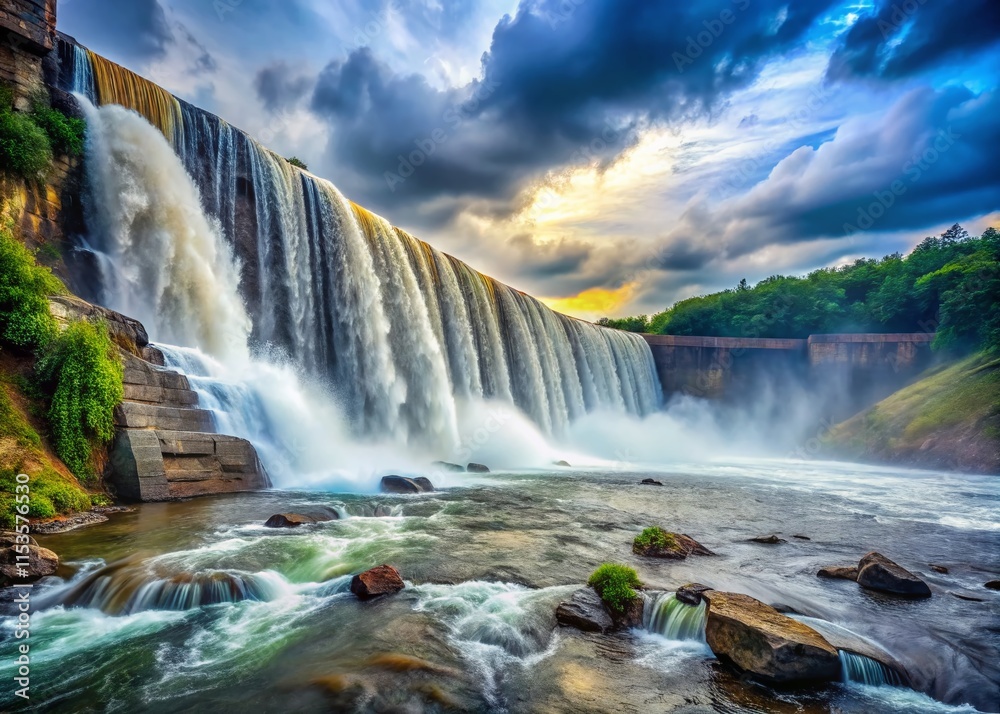 Fototapeta premium Powerful Waterfall Cascading Over Dam, Dramatic Nature Scene