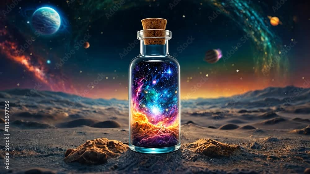 Video footage of glass bottle with a cork stopper contains a vibrant, colorful galaxy, set against a cosmic background with planets and stars, creating a surreal and fantastical scene