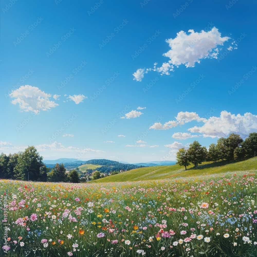 Vibrant summer flower meadow hillside landscape panoramic view clear blue sky nature photography Vibrant summer flower meadow hillside landscape panoramic view clear blue sky nature photography