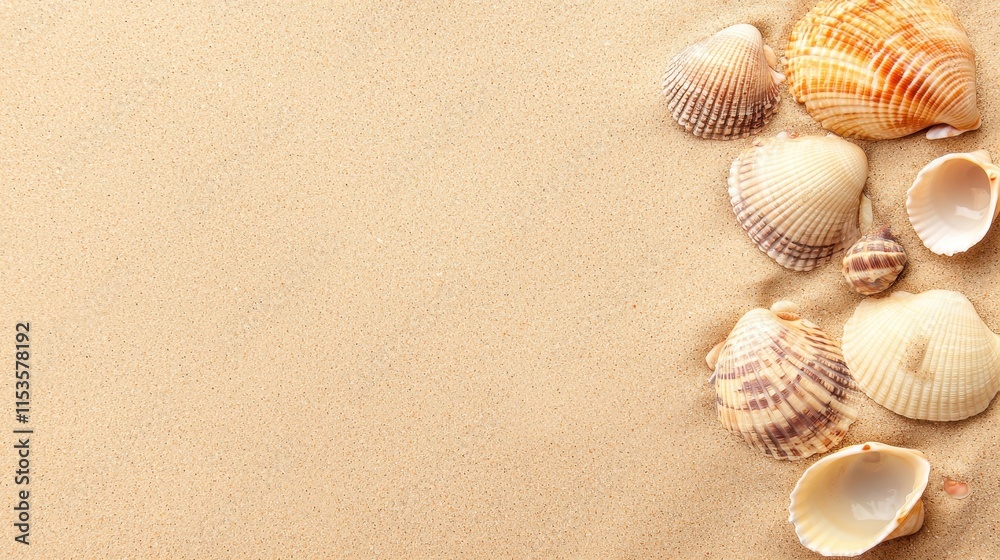 Seashells Lying on Sandy Beach Surface in Sunlight Seashells Lying on Sandy Beach Surface in Sunlight