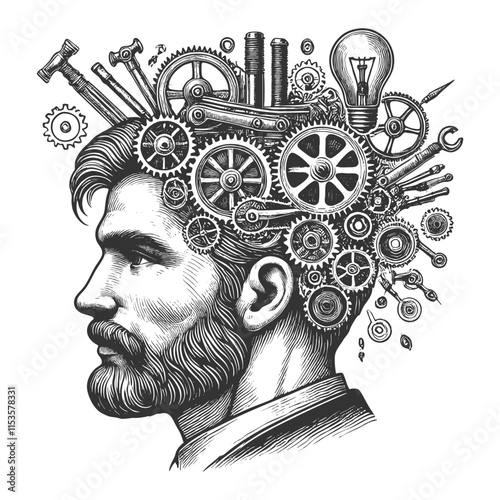man profile with gears, tools, lightbulb symbolizing innovation and creativity sketch engraving generative ai fictional character vector illustration. Scratch board imitation. Black and white image.