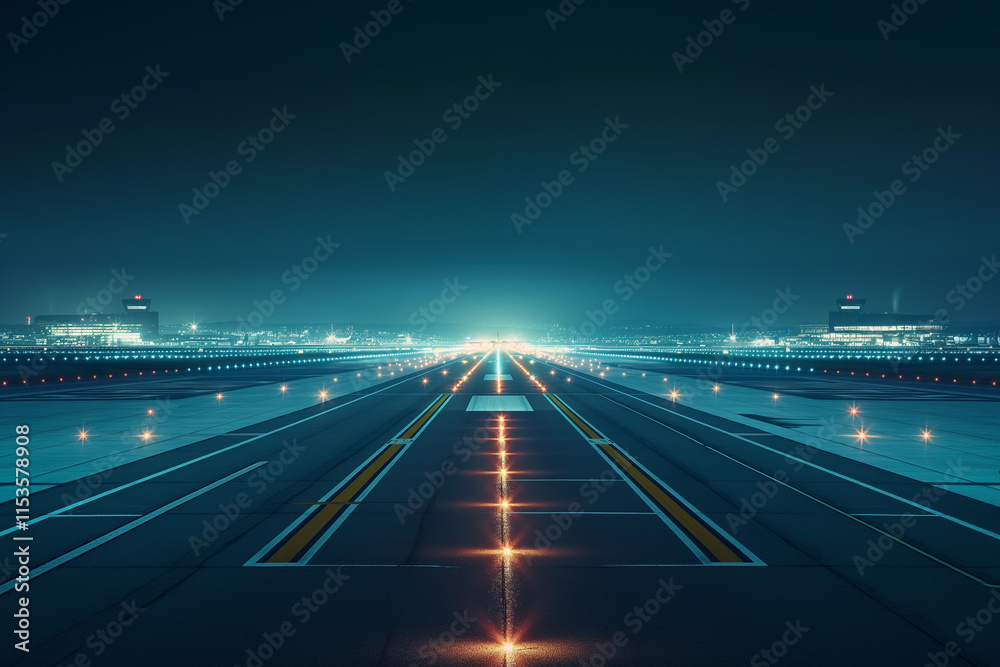 Airport Runway at Night Lights Guiding the Way Airport Runway at Night Lights Guiding the Way