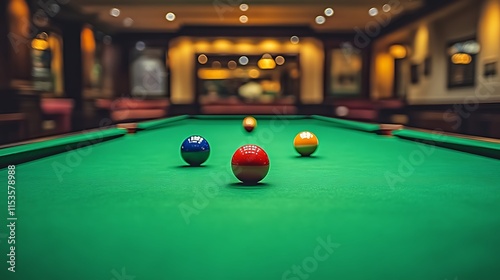 Billiard balls on a green pool table in a dimly lit room. photo