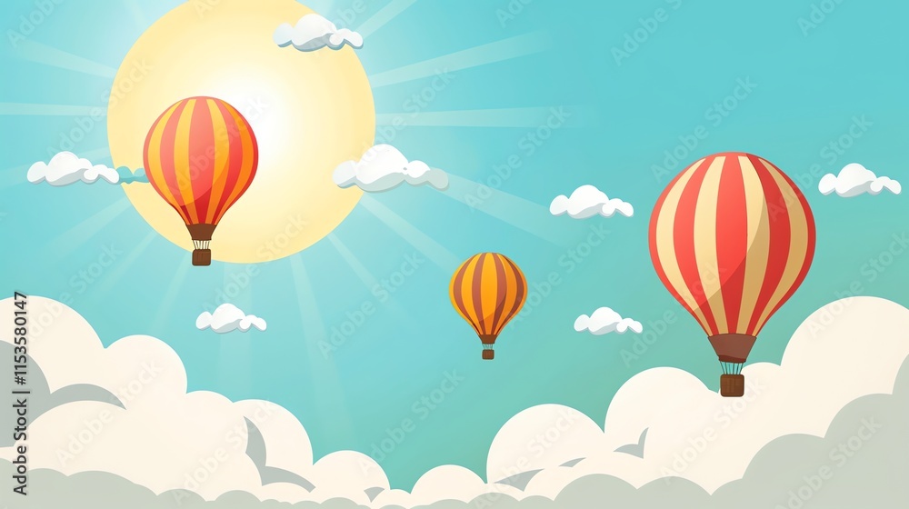 Fototapeta premium A cartoon-style illustration of hot air balloons flying in a bright blue sky with white clouds and a yellow sun.
