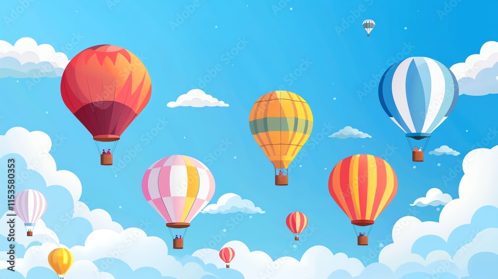 Fototapeta premium Cartoon illustration of hot air balloons floating in a blue sky.