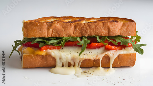 A photo of a panini sandwich with melted cheese, roasted red peppers, and arugula on white backgroun photo