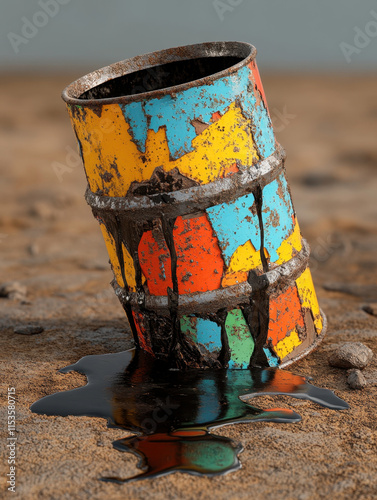 Oil barrel, A colorful, rusted barrel spills liquid on a sandy surface, showcasing a blend of vibrant colors against a muted background. photo