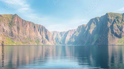 Calm lake nestled between majestic mountains under a clear sky.