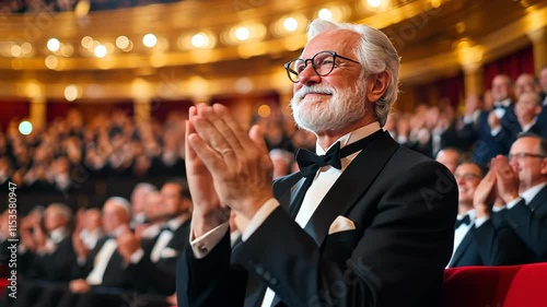 Mature executive enjoying a refined theater performance, clapping along with fellow audience members