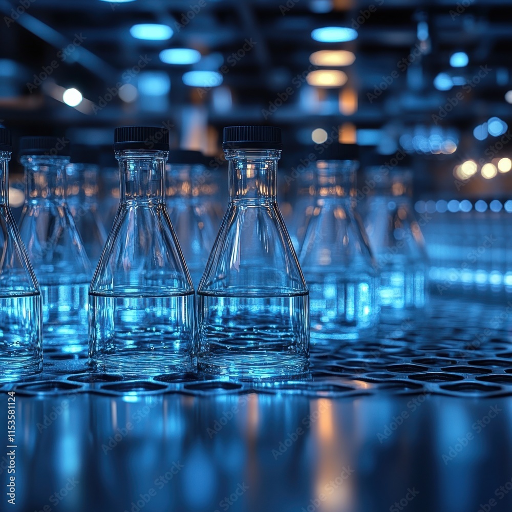 Glass Bottles with Blue Liquid on a Modern Industrial Production Line with Soft Focus Lighting Effects Highlighting Clarity and Sanitary Environment Glass Bottles with Blue Liquid on a Modern Industrial Production Line with Soft Focus Lighting Effects Highlighting Clarity and Sanitary Environment