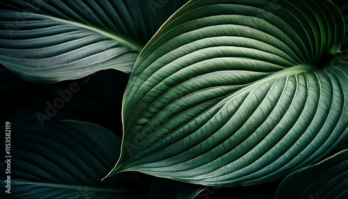 closeup of hosta leaf with elaborate vein texture darkish moody inexperienced creative artwork nature images history