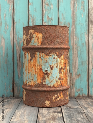 Oil barrel, Rusty barrel against a weathered wooden backdrop, showcasing peeling paint and a vintage aesthetic. photo