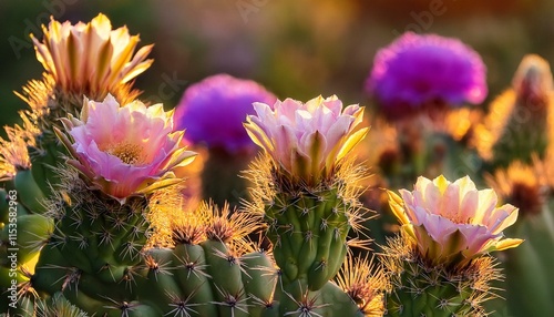 lovely cactus flowers blooming in a discipline with inexperienced leaves and purple flowers in the heritage