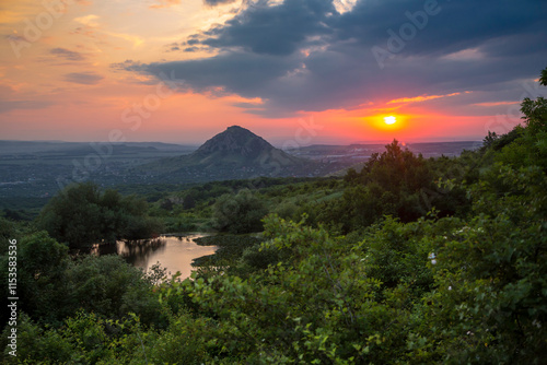 Beautiful view of a mountain peak at sunset. Landscape and nature of the North Caucasus