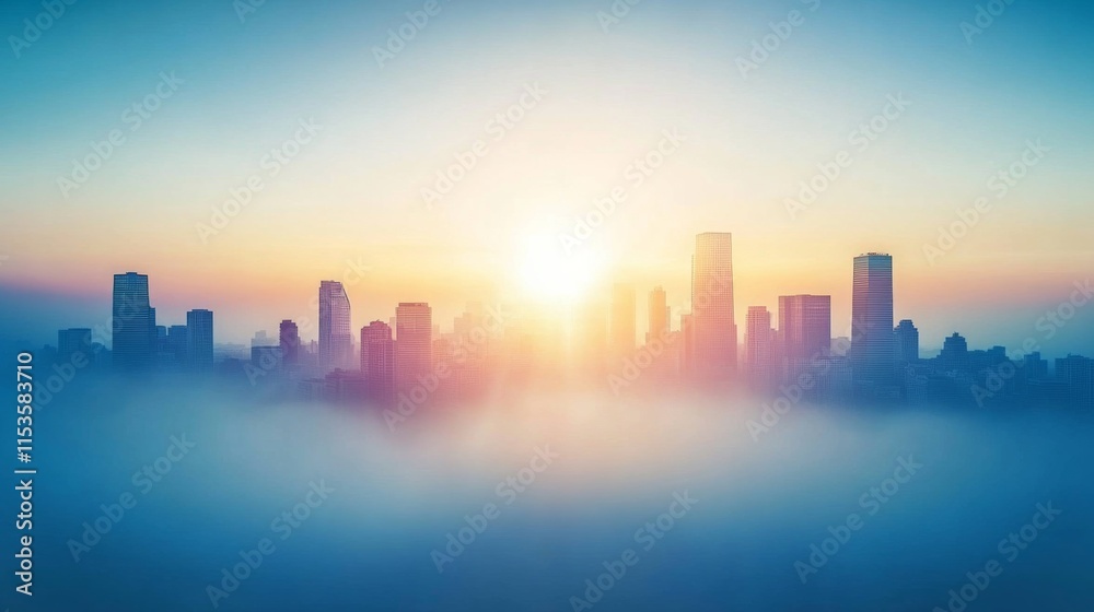 Fototapeta premium Atmospheric City Skyline with Sunlight and Fog