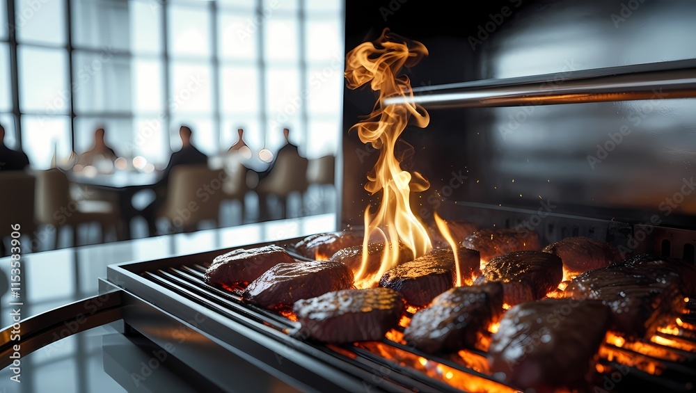 A bright background image of grilled meat sizzling on a charcoal grill in a restaurant, showcasing boiling, delicious dinner preparation.