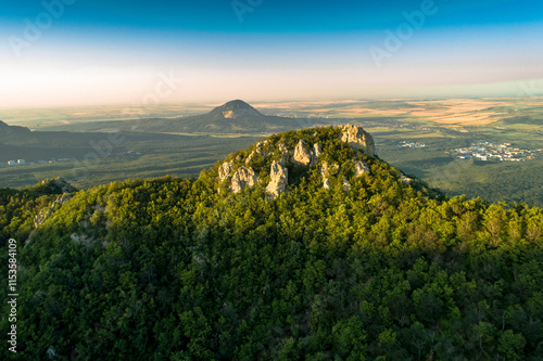 Beautiful view of the mountain range with picturesque rocks. Landscape and nature of the North Caucasus