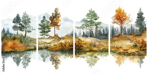 Autumnal Forest Reflections: A Serene Watercolor Landscape photo