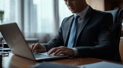 A businessman working on a laptop in a modern office setting.