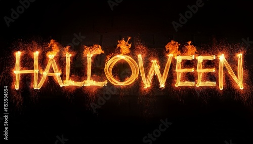 halloween word fabricated from fireplace flame on black heritage